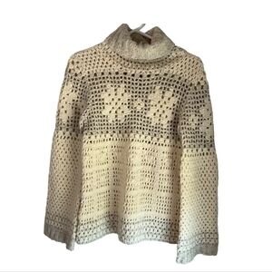Express Med HandKnit Turtleneck Sweater Cream Crochet Wool Open Knit Chunky Boho